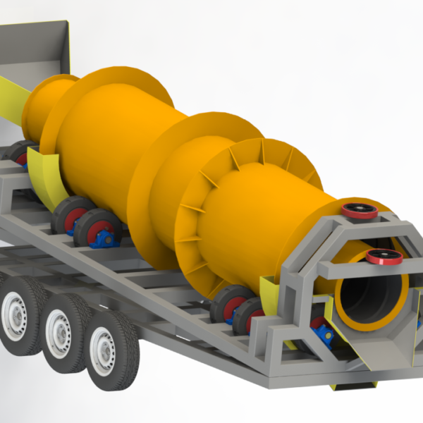 RHT-6, 50 TPH Reverse Helix Trommel Wash Plant, build onto a double axle trailer and fitted with jack stands.