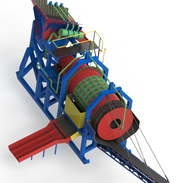 IWP-001, 100 TPH scrubber wash plant for extreme clay and rocky conditions with feed bin, feeder conveyor belts, discharge conveyor belt, de-rocker and sluice with nugget traps