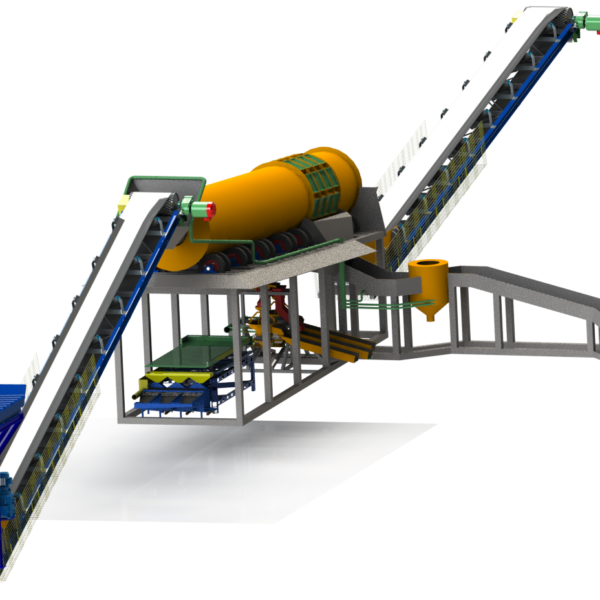 ZSP-001, 50 TPH scrubber wash plant for extreme clay conditions with feed bin, feeder conveyor belts, discharge conveyor belt, hydro-cone nugget trap, sluice, sizing jig and shaking table